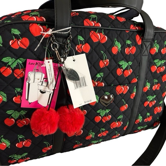 BETSEY JOHNSON BLACK RED CHERRIES OVERNIGHTER WEEKENDER & CHERRY PURSE CHARM NWT - Picture 4 of 12